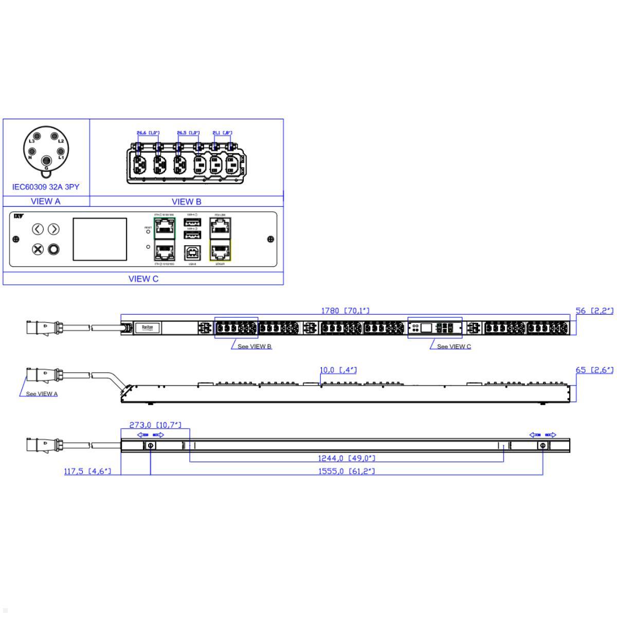 Legrand Raritan iX Rack-PDU 0U mit 18xC13 / 18xHDOT Cx, 3-phasig 400V 32A, Input Metered RCM (PX4-1699-E7M28V2), IEC 60309 Eingang 3-phasig