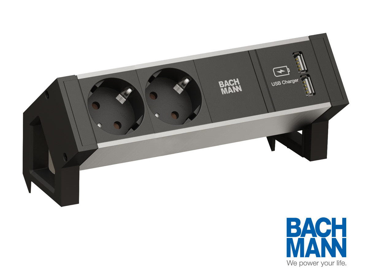 Bachmann ZG1 Monitorhalterung weiß + Desk 2 Alu BLACK Anschlussfeld mit USB Charger Bachmann ZG1 Monitorhalterung weiß + Desk 2 Alu BLACK Anschlussfeld mit USB Charger