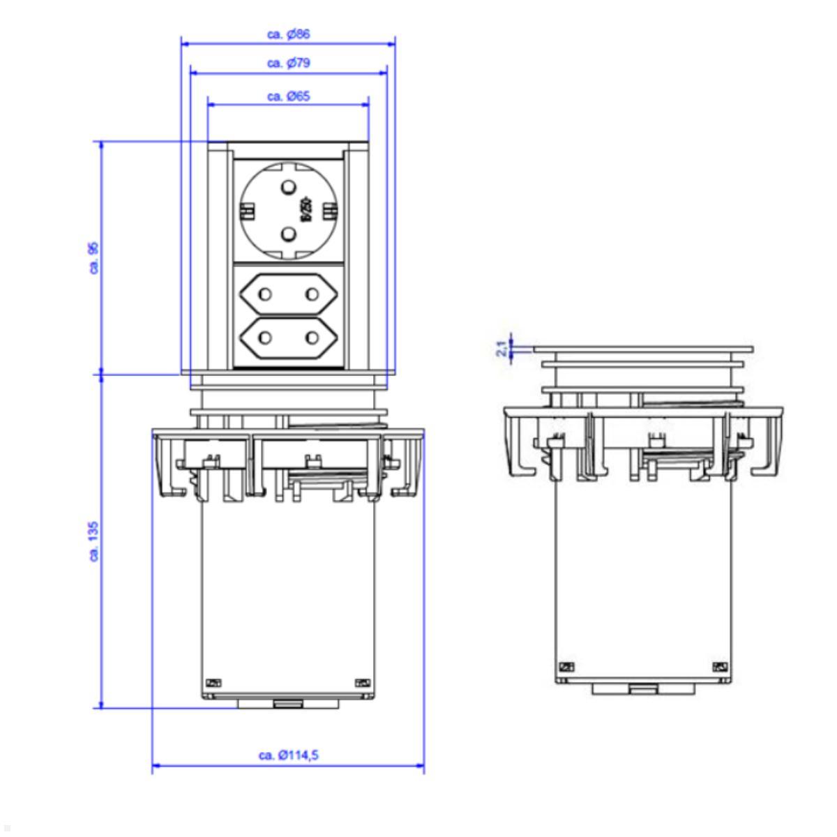 Bachmann ELEVATOR versenkbare Steckdose, 1x CEE7/3, 2x Euro, schwarz (928.0037), Maße