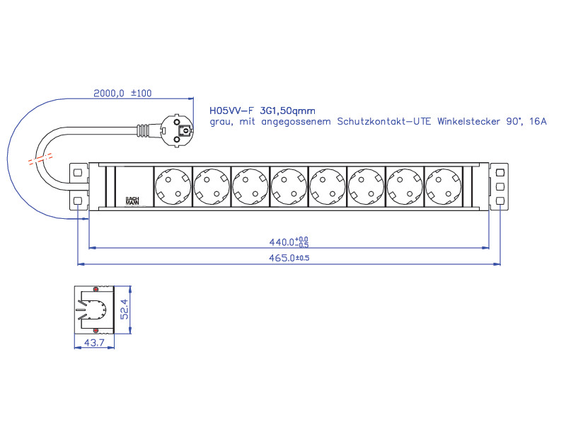 Bachmann IT PDU Steckdosenleiste 8x Schuko PVC 333.601 Maße Bachmann IT PDU Steckdosenleiste 8x Schuko PVC 333.601 Maße