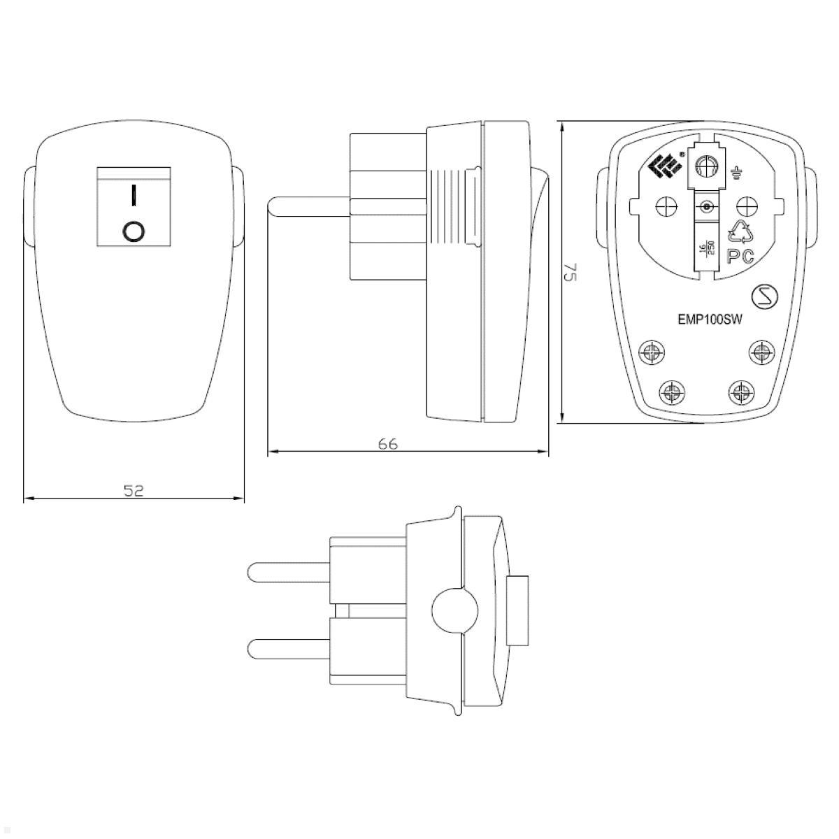 Bachmann Schutzkontakt Winkelstecker mit Schalter, schwarz (911.171), technische Zeichnung Bachmann Schutzkontakt Winkelstecker mit Schalter, schwarz (911.171), technische Zeichnung