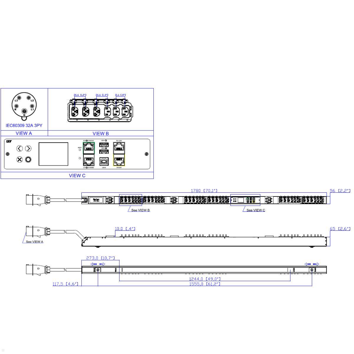 Legrand Raritan iX Rack-PDU 0U mit 18xC13 / 18xHDOT Cx, 3-phasig 400V 32A, Input Metered (PX4-1699-E7V2), Input Metered 400V 32A