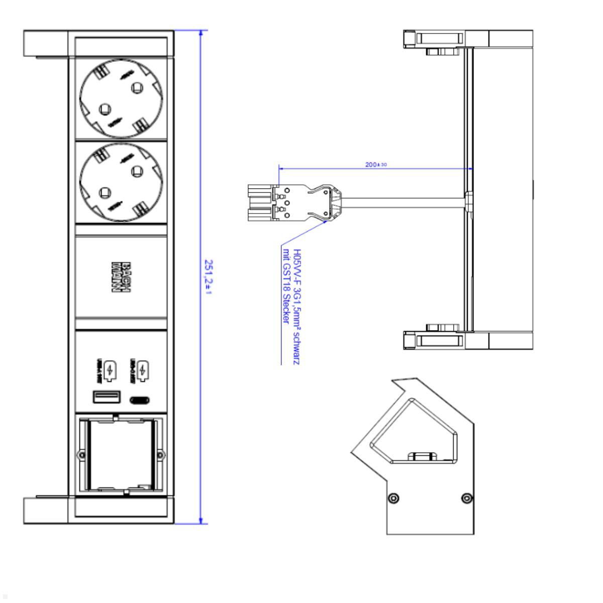 Bachmann DESK 2 - 2x Steckdose mit USB Charger A/C 2x CAT7 (902.9351), Maße Bachmann DESK 2 - 2x Steckdose mit USB Charger A/C 2x CAT7 (902.9351), Maße