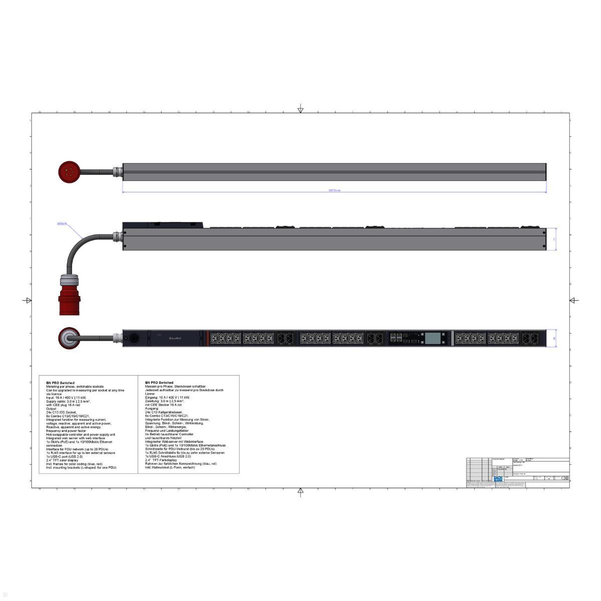 Bachmann BN PRO S Switched - 16A Rack PDU mit 24xC13 6xCombo, 3,0m CEE 16A/5p (BM0024771), C13 Steckdosen PDU