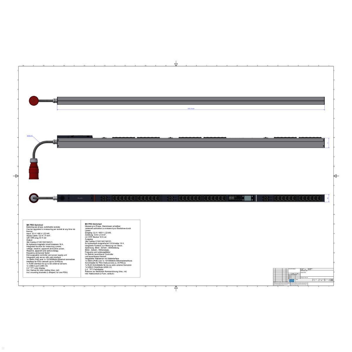 Bachmann BN PRO S Switched - 32A Rack PDU mit 36xCombo 6xMCB, 3,0m CEE 32A/5p (BM0024783), Combo MCB Rack PDU