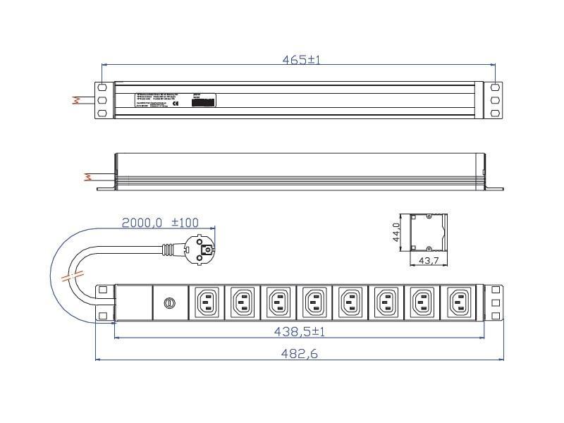 Bachmann IT PDU 19 Zoll Steckdosenleiste 8x C13 1HE mit Schutzkontaktstecker (333.408) Technische Zeichnung Bachmann IT PDU 19 Zoll Steckdosenleiste 8x C13 1HE mit Schutzkontaktstecker (333.408) Technische Zeichnung