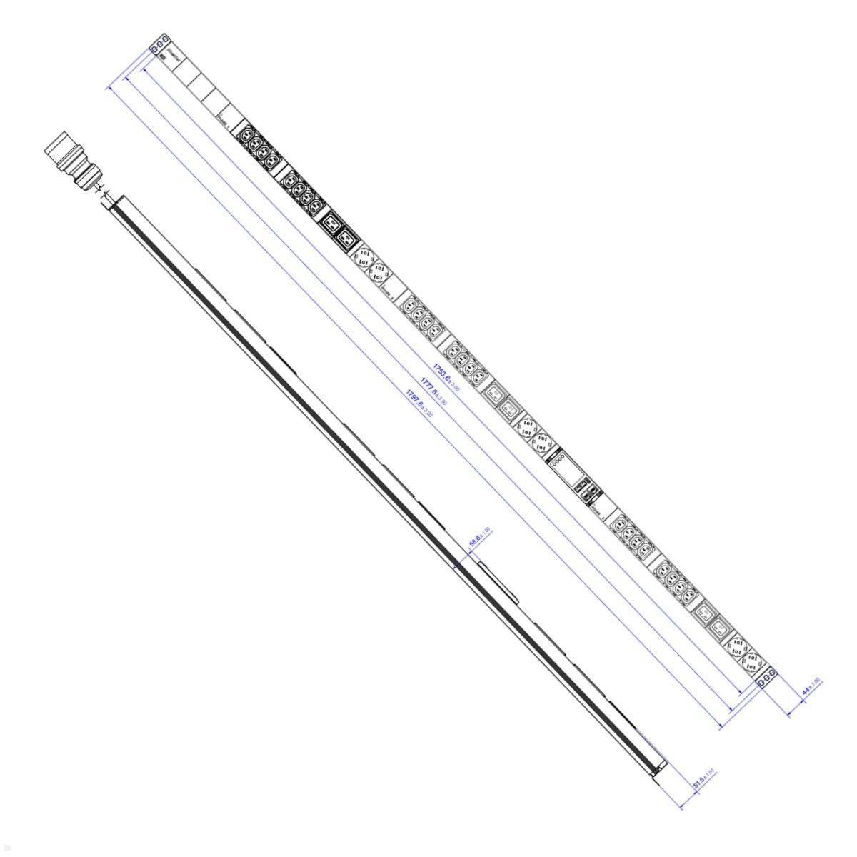 Bachmann BN ESSENTIAL Metered - 16/5p Rack PDU mit 24xC13, 6xC19, 6xCEE7/3 & Display (BM0024225), Zeichnung