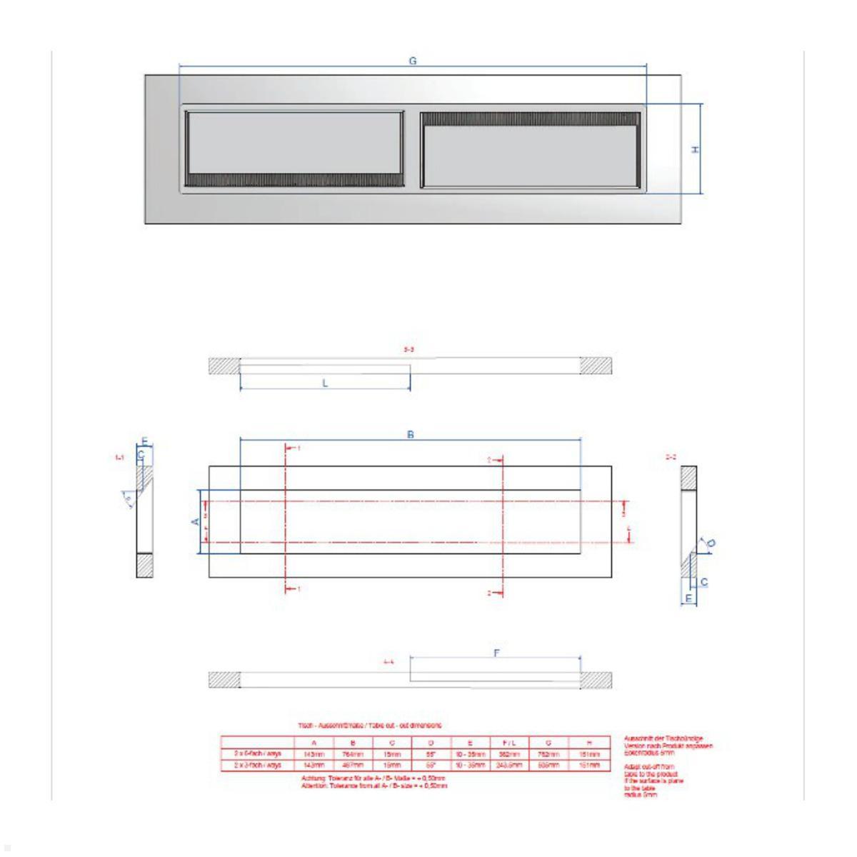 Bachmann CONI DUO Einbaurahmen kurz, 2x 3-fach (911.047) schwarz, Maßzeichnung  Bachmann CONI DUO Einbaurahmen kurz, 2x 3-fach (911.047) schwarz, Maßzeichnung