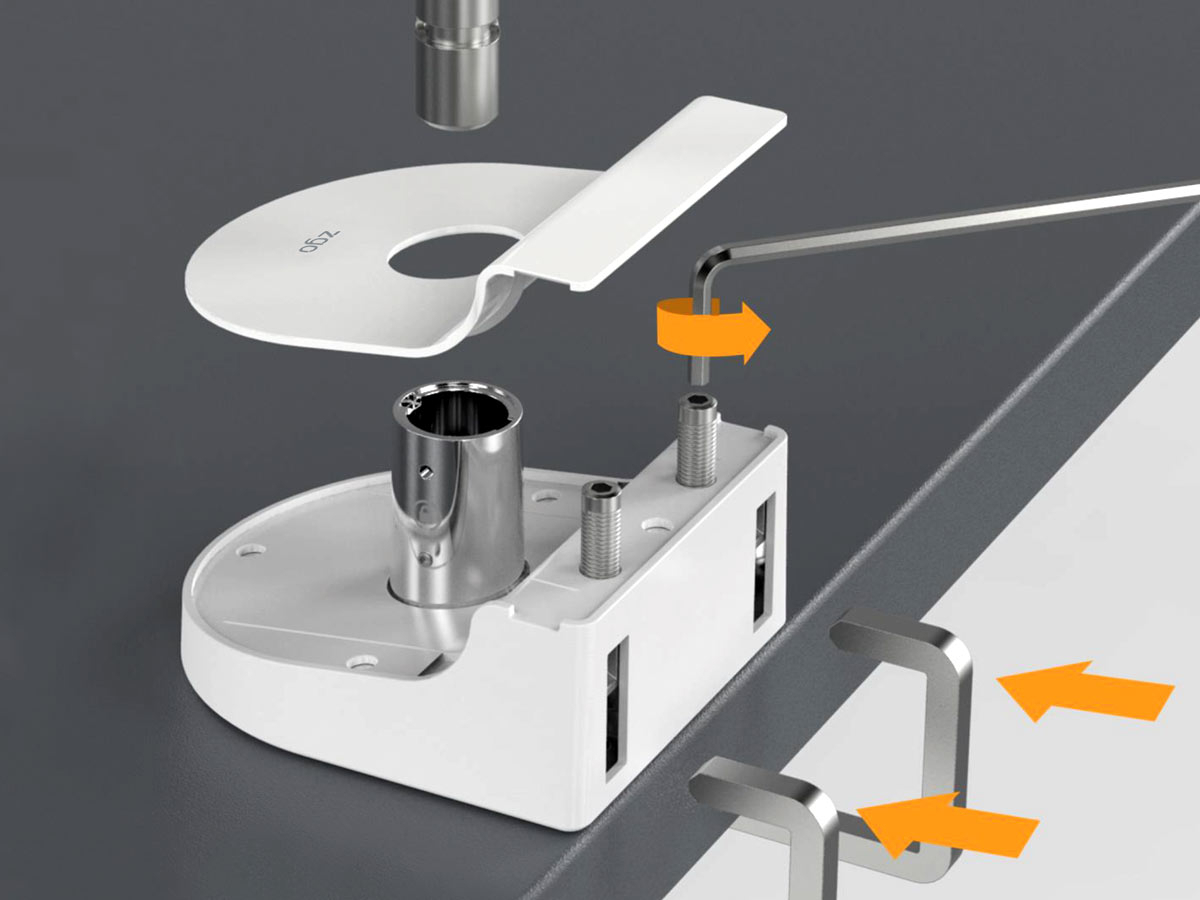 Bachmann ZG1 Monitorhalterung weiß + Desk 2 Alu BLACK Anschlussfeld Detail Tischklemme Bachmann ZG1 Monitorhalterung weiß + Desk 2 Alu BLACK Anschlussfeld Detail Tischklemme