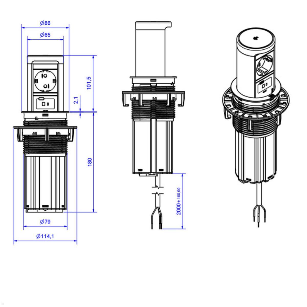 Bachmann ELEVATOR 2 USB-C Steckdose Schwarz matt – Montage in Arbeitsplatte