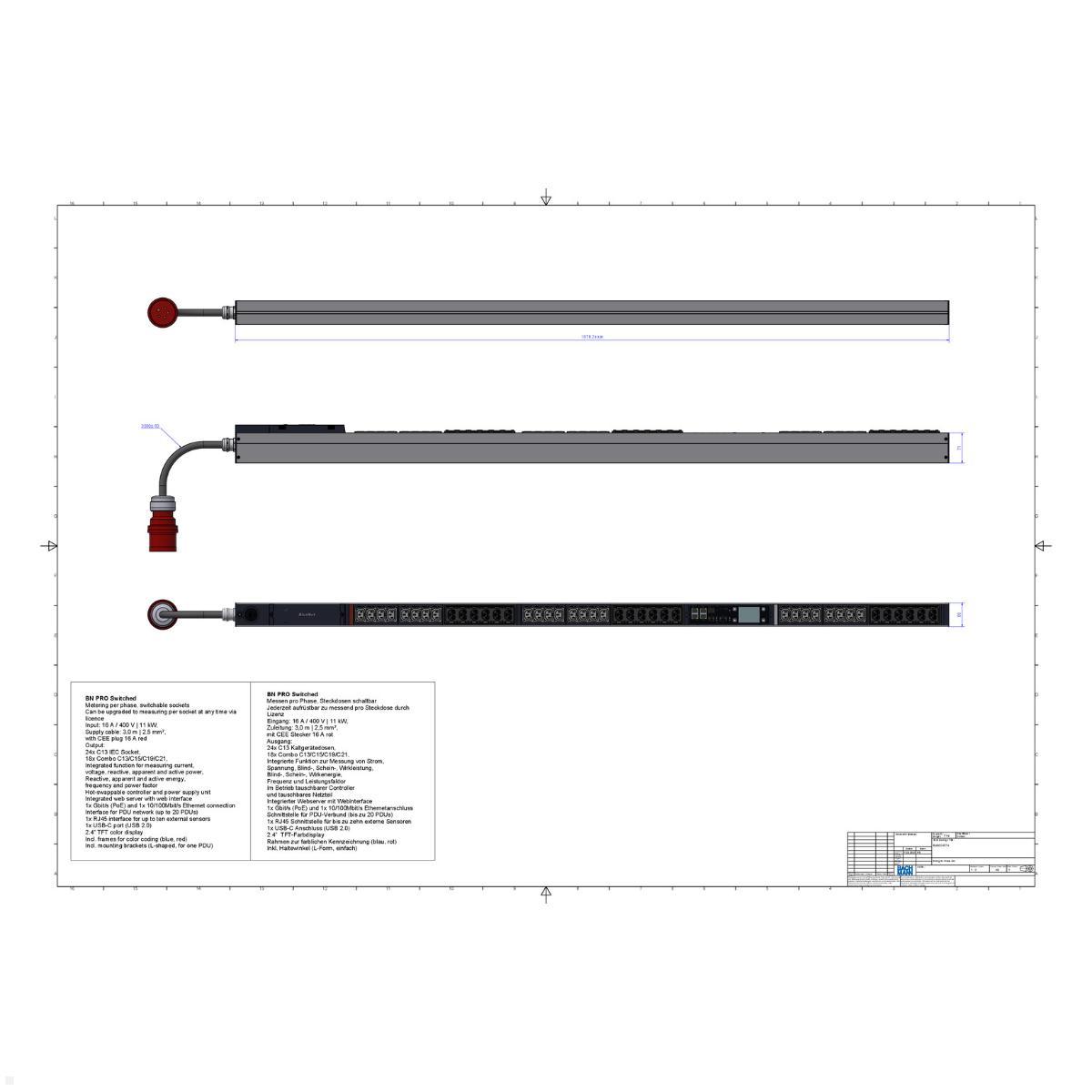 Bachmann BN PRO S Switched - 16A Rack PDU mit 24xC13 18xCombo, 3,0m CEE 16A/5p (BM0024774), PDU 16A CEE