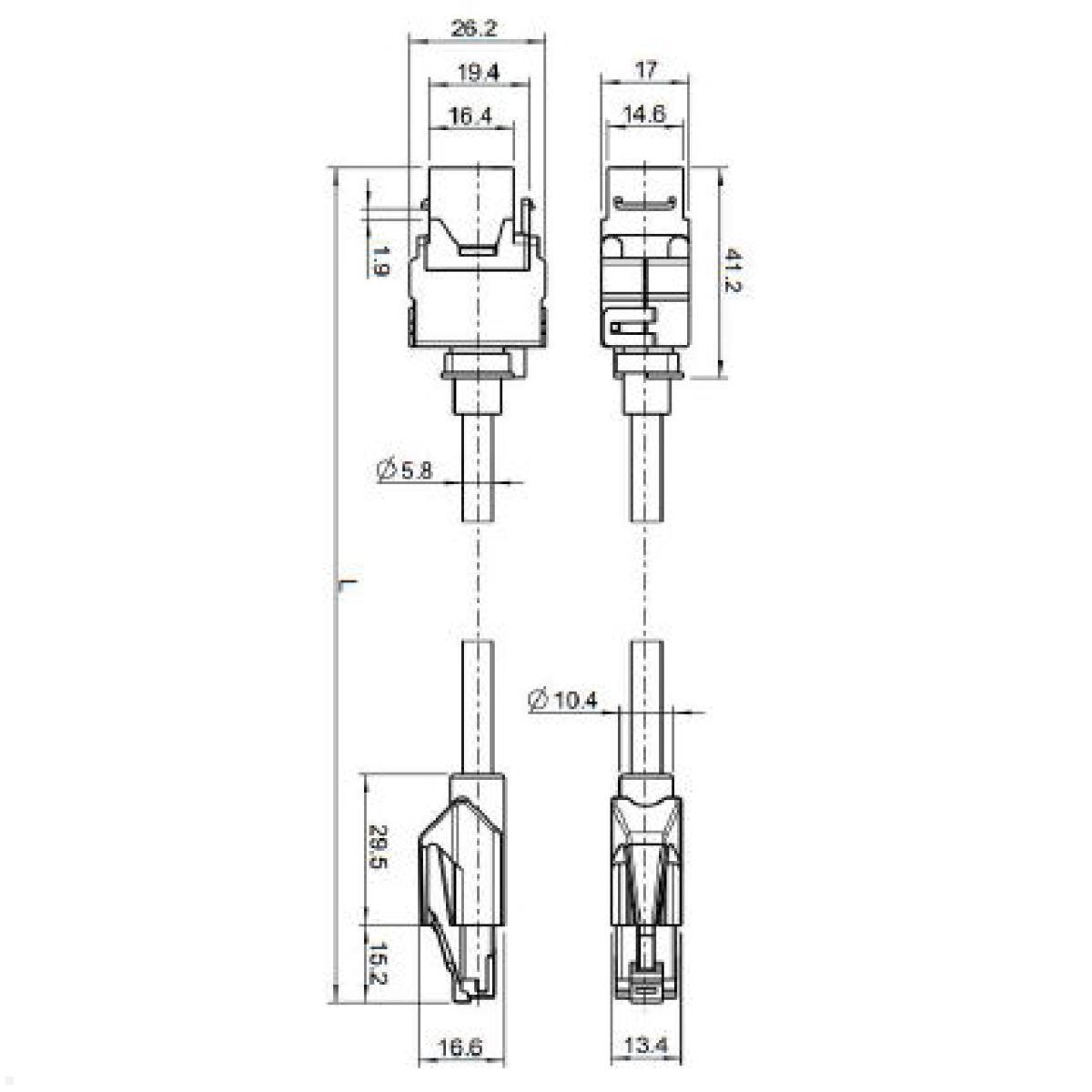 Bachmann Keystone CAT6a RJ45 Modul Patchkabel 3m Buchse/Stecker (918.033), technische Zeichnung Bachmann Keystone CAT6a RJ45 Modul Patchkabel 3m Buchse/Stecker (918.033), technische Zeichnung