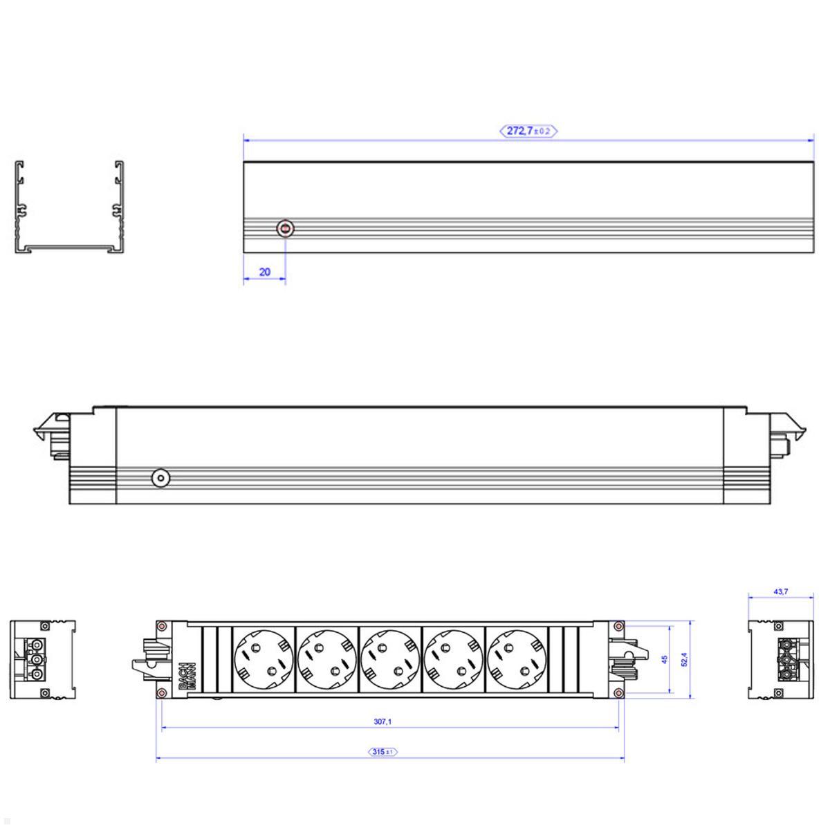 Bachmann STEP ALU 5-fach Steckdosenleiste, erhöhter Berührungsschutz (906.19145), Maße Bachmann STEP ALU 5-fach Steckdosenleiste, erhöhter Berührungsschutz (906.19145), Maße