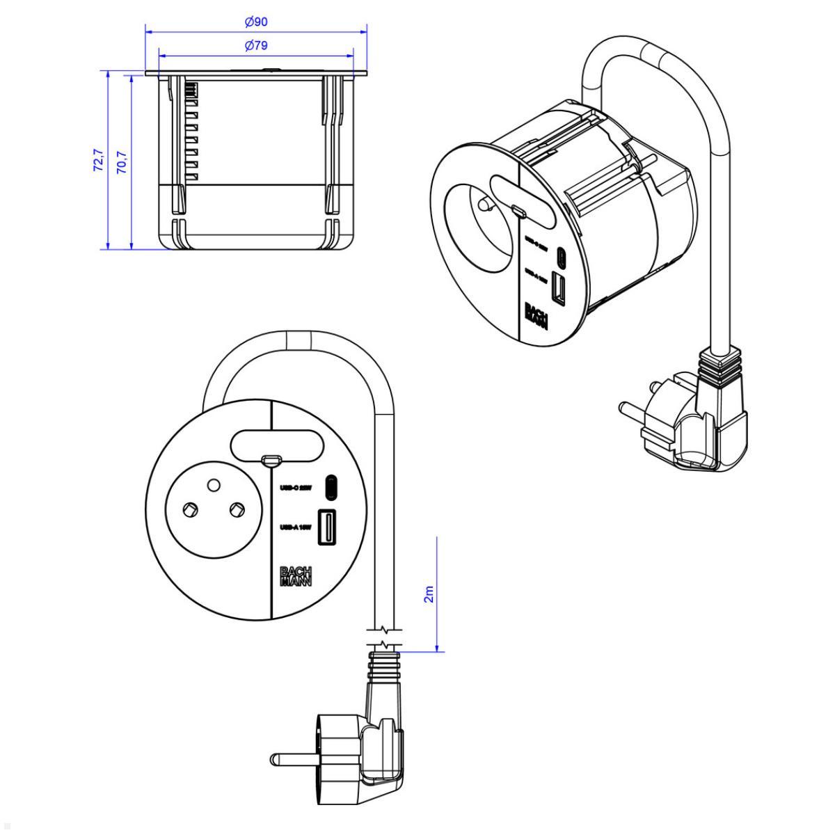 Bachmann LOOP IN CHARGE UTE Steckdose USB A/C Winkelstecker, schwarz (938.202), technische Zeichnung Bachmann LOOP IN CHARGE UTE Steckdose USB A/C Winkelstecker, schwarz (938.202), technische Zeichnung