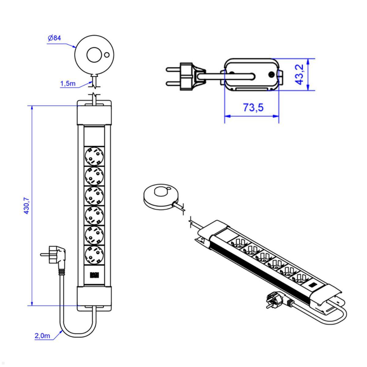 Bachmann CONNECTUS 6x Steckdose, 1x Fußtrittschalter, 2m Zuleitung (BM005907), Maße