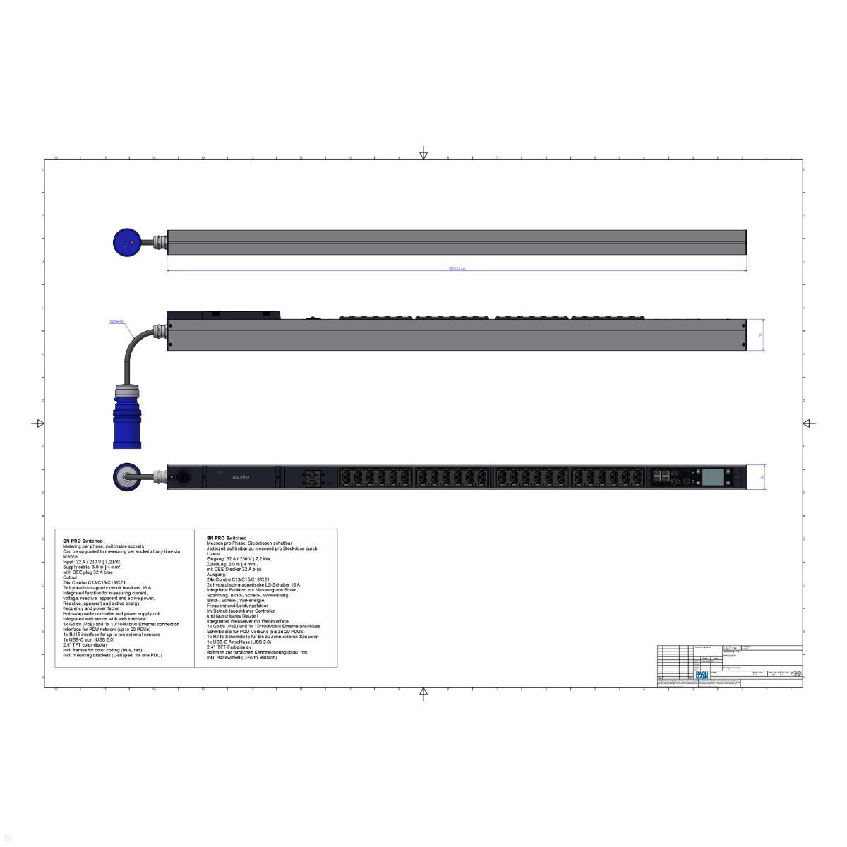 Bachmann BN PRO S Switched - 32A Rack PDU mit 24xCombo 2xMCB, 3,0m CEE 32A/3p (BM0024778), PDU 32A CEE 3p