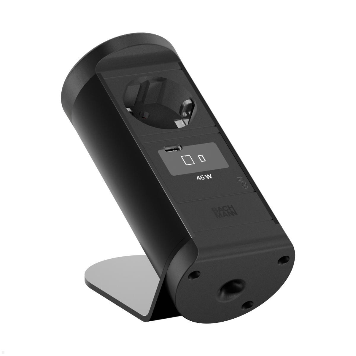 Bachmann NANO Tischsteckdose mit USB-C 45W, Qi2 Wireless Charger, 1 m, schwarz (BM0030781), Steckdose Home Office