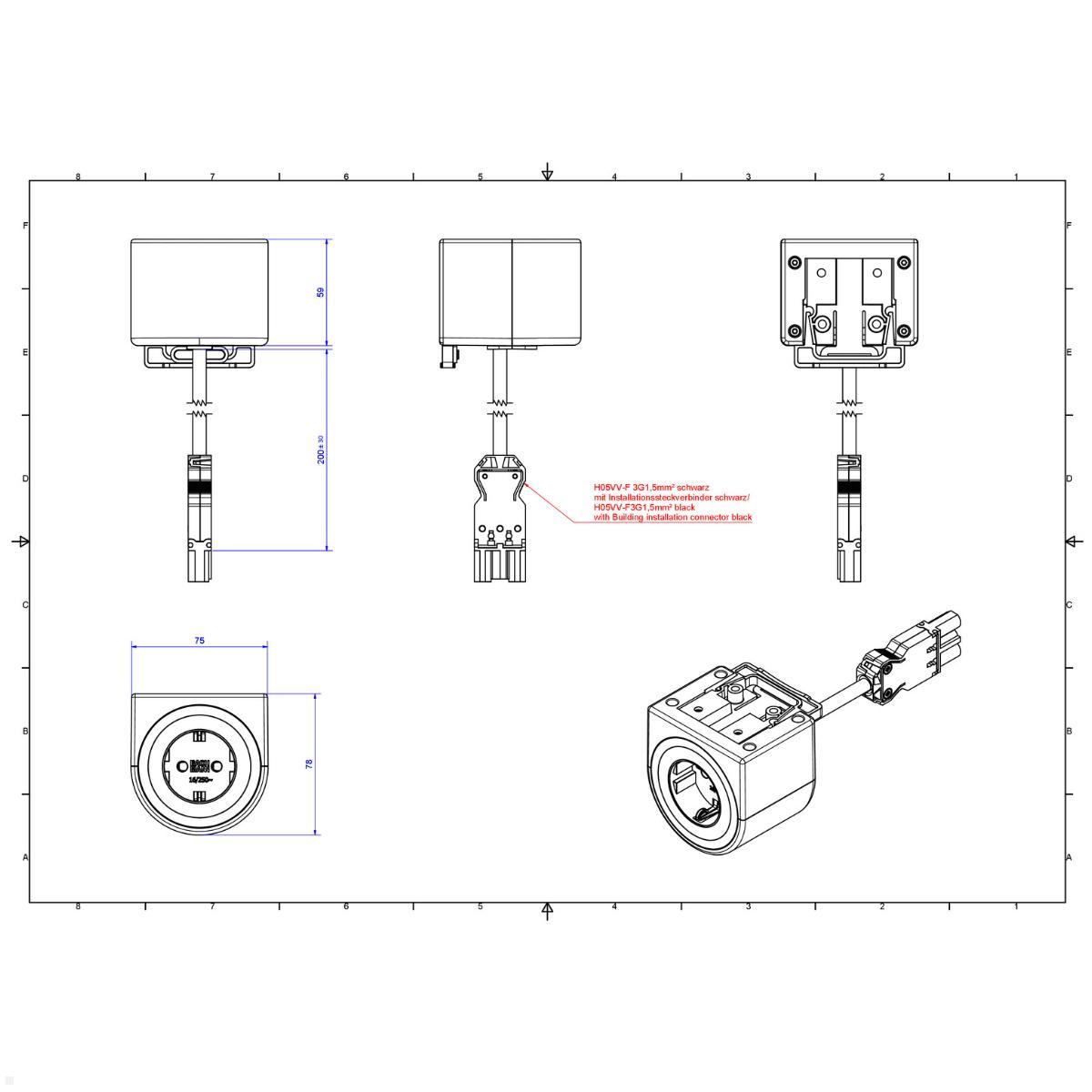 Bachmann PIX HOLDER SINGLE Steckdose für Möbel mit 1x CEE7/3, 0,2m Zuleitung (BM0020084), Montage ohne Ausschnitt