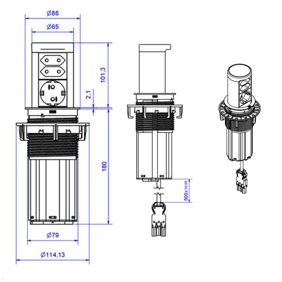 Bachmann ELEVATOR 2 Einbausteckdose 3-fach Schwarz matt – Montage in Arbeitsplatte