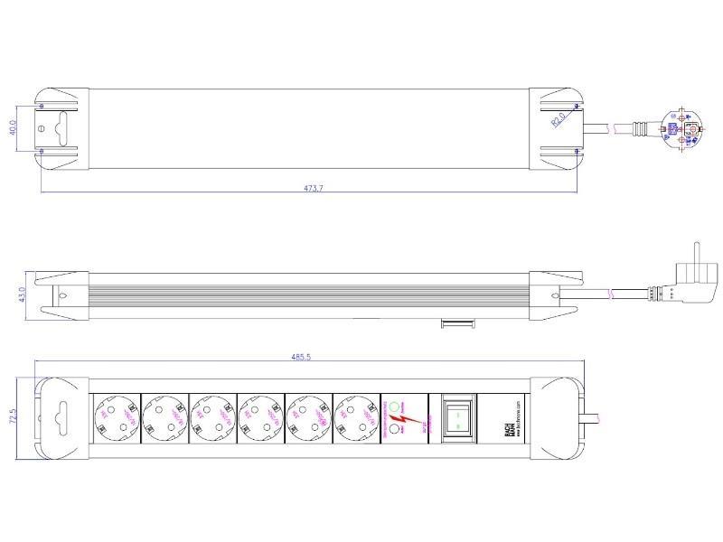Bachmann CONNECTUS 6x Steckdose, 1x Schalter, ÜSE (330.104) Zeichnung Bachmann CONNECTUS 6x Steckdose, 1x Schalter, ÜSE (330.104) Zeichnung