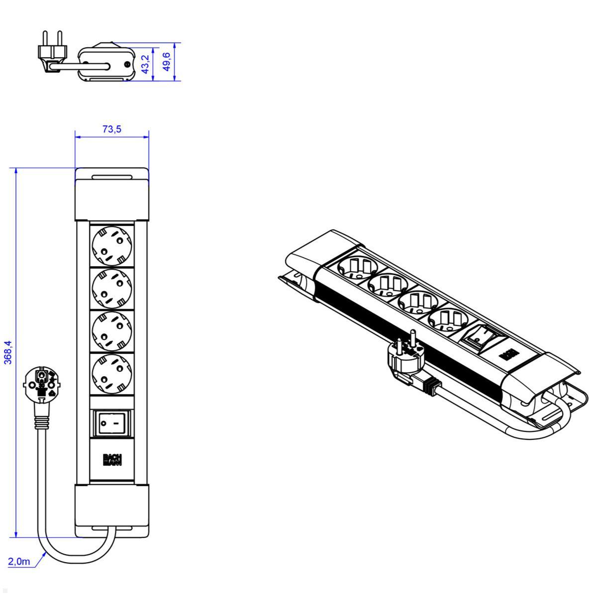 Bachmann CONNECTUS 4x Steckdose, 1x Schalter, 2m Zuleitung, schwarz/orange (BM005919), Maße