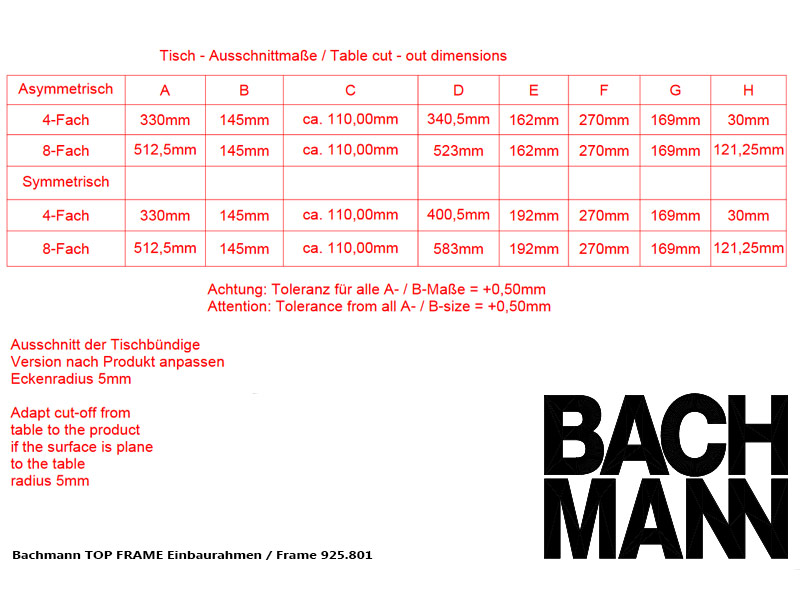 Bachmann TOP FRAME 925.801 Einbaumaße Bachmann TOP FRAME 925.801 Einbaumaße