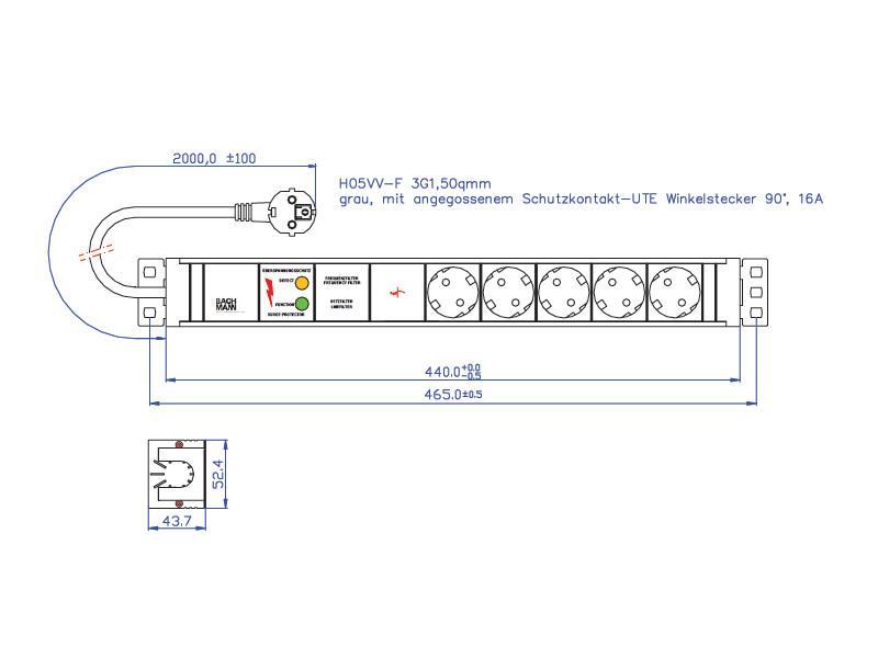 Bachmann IT PDU 19Zoll Steckdosenleiste 5x Steckdose Gerätevollschutz PVC (333.602) Maße