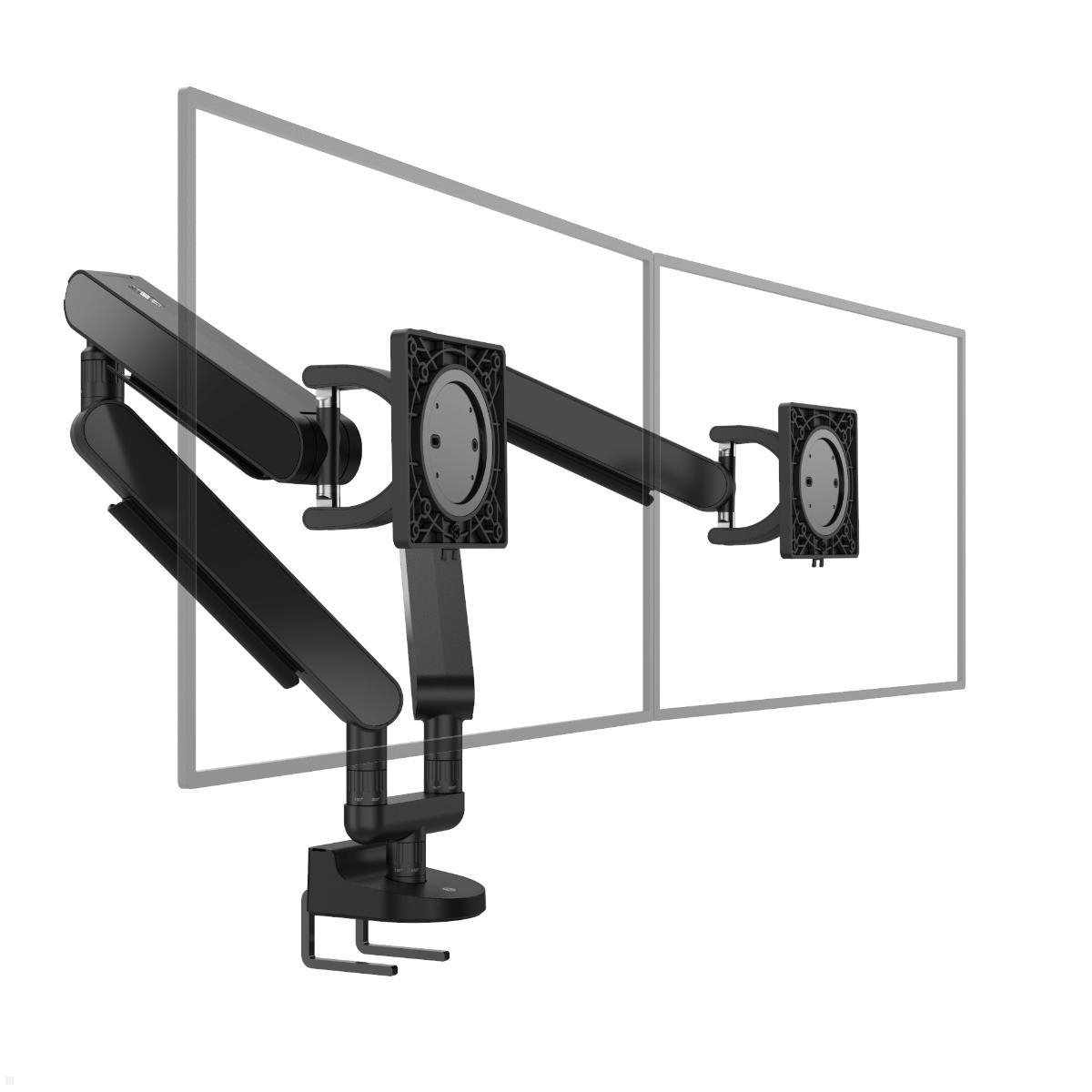 Bachmann ZG2 Monitor Tischhalterung für zwei Monitore mit Tischklemme, schwarz (BM0013678), schräg seitlich mit angedeuteten Monitoren