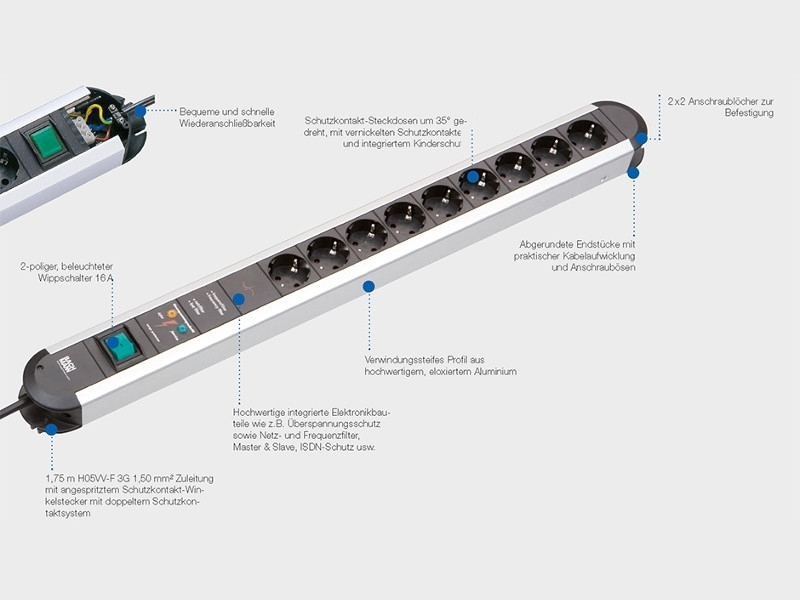 Bachmann PRIMO 6x Steckdosenleiste mit 2m Zuleitung (331.010) Funktionen Bachmann PRIMO 6x Steckdosenleiste mit 2m Zuleitung (331.010) Funktionen