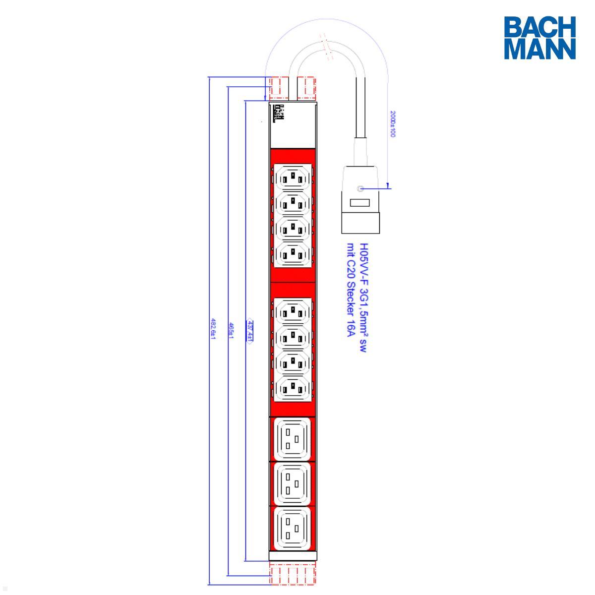 Bachmann IT PDU 19Zoll Steckdosenleiste 11-fach 8x C13, 3x C19, 1HE (800.2332) technische Zeichnung Bachmann IT PDU 19Zoll Steckdosenleiste 11-fach 8x C13, 3x C19, 1HE (800.2332) technische Zeichnung