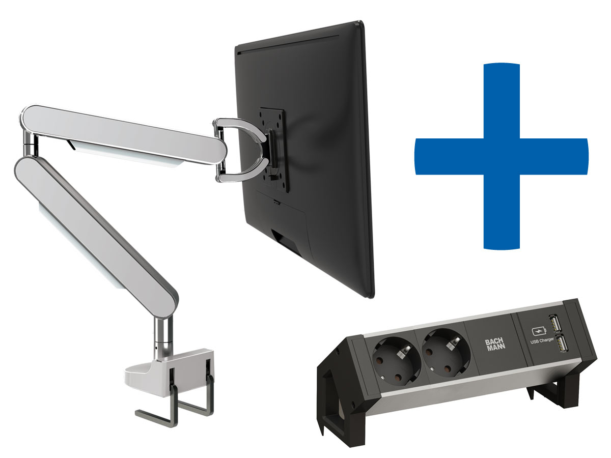 Bachmann ZG1 Monitorhalterung chrom + Desk 2 Alu BLACK Anschlussfeld Bachmann ZG1 Monitorhalterung chrom + Desk 2 Alu BLACK Anschlussfeld