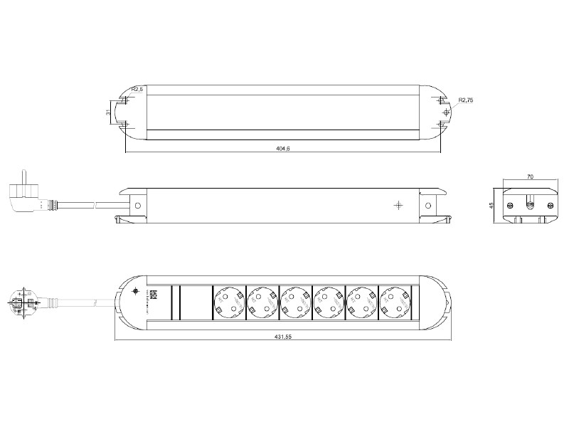 Bachmann PRIMO 6x Steckdosenleiste mit 2m Zuleitung (331.010) Zeichnung Bachmann PRIMO 6x Steckdosenleiste mit 2m Zuleitung (331.010) Zeichnung