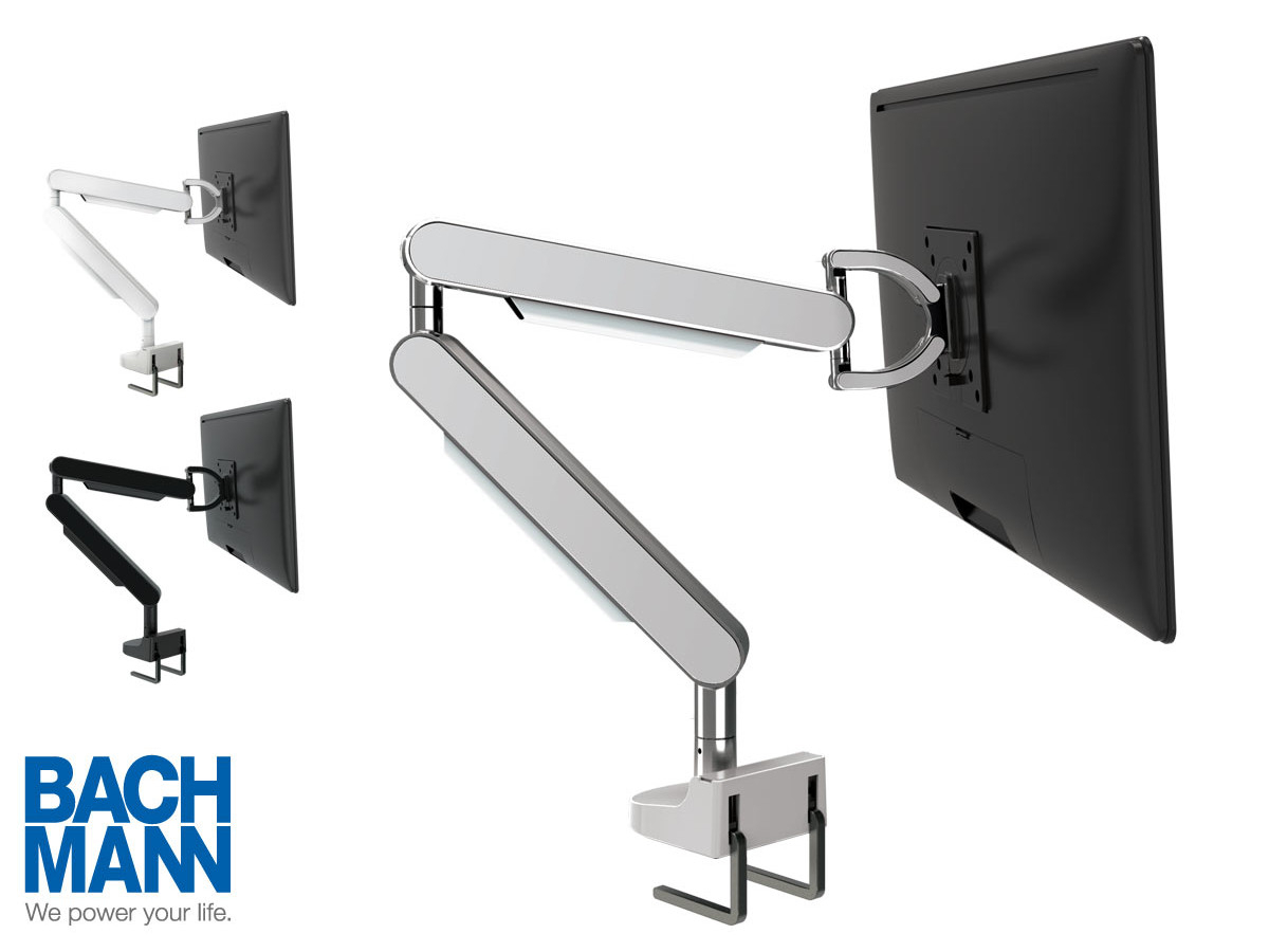Bachmann ZG1 Monitorhalterung weiß + Desk 2 Alu BLACK Anschlussfeld Farbvariationen Bachmann ZG1 Monitorhalterung weiß + Desk 2 Alu BLACK Anschlussfeld Farbvariationen