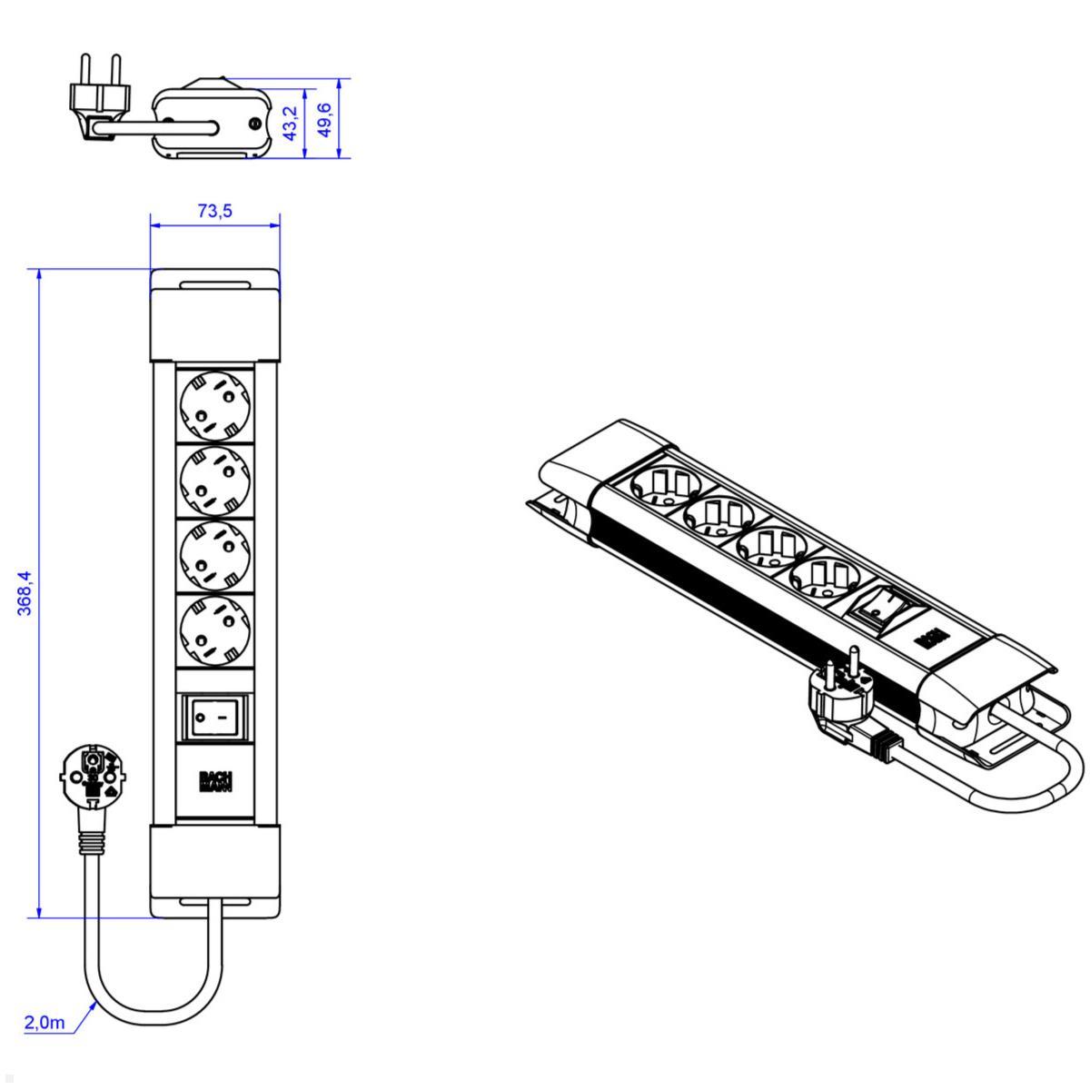 Bachmann CONNECTUS 4x Steckdose, 1x Schalter, 2m Zuleitung, schwarz (BM005913, Maße