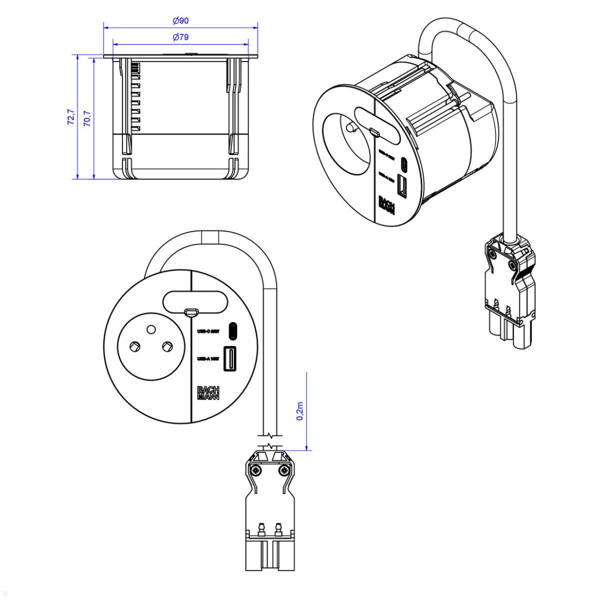 USB A/C socket UTE cable guide, Bachmann 938.204, black