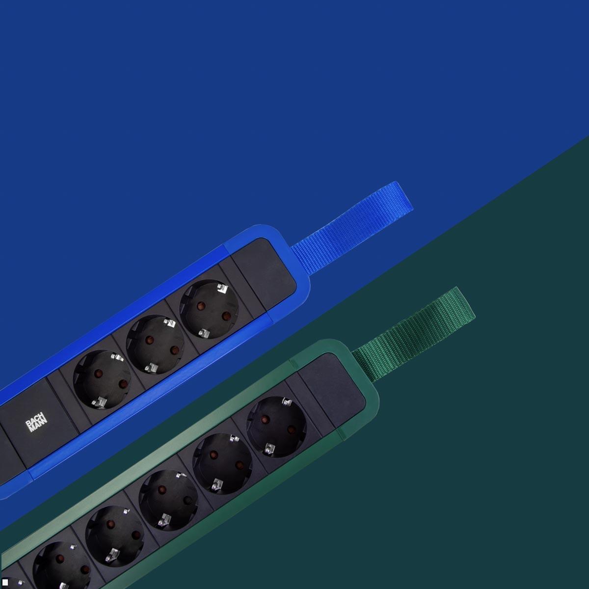 3-way power strip blue with loop 2m cable, Bachmann (350.316)